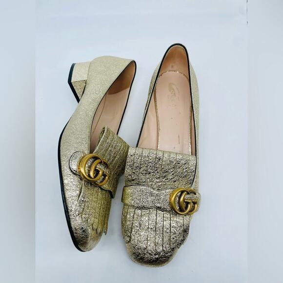 Gucci Gold Metallic leather GG fringe Marmont 30mm Heeled Loafer pumps EU 41 - Picture 2 of 12